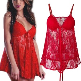 Plus Size Women Sexy Lingerie Chemise Babydoll Sleepwear Lace Dress G-string Set