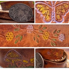 70s Vtg sz 34 Painted Mushroom Butterfly Floral Tooled Leather Belt W/Zee Buckle