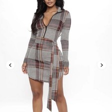 Fashion Nova Checkered Long Sleeve Dress - Black White Red Size Medium NWT
