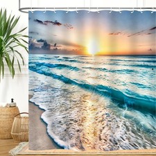 1 PCS Blue Ocean Sand Beach Waves Sunrise Shower Curtain 72x78 Inch 12 Hooks