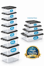 Quality Plastic Storage Boxes Clear Box With Black Lids Home Office Stackable UK