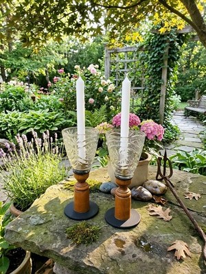 Set Of Vintage wooden candle holders with glass globes Style Four Ways