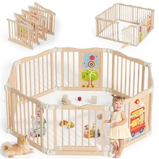 Foldable Wooden Playpen - Adjustable Wood Baby Play Yard with Child-Proof Loc...