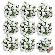 8 Pack 12 Inch Wedding Artificial Mini Rose Bouquet Silk Flowers Bunches White