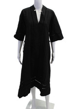 Everlane Womens Kaftan Dress Black V-Neck 3/4 Sleeve Mid-Calf Cotton Size XS