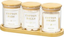 Glass Qtip Holder with Vanity Tray, 3 Pack Cotton Swab Holder with Bamboo Lid,