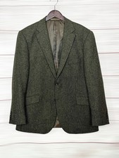 TailorByrd Wool Sport Coat 44R Olive Herringbone Moon Fabric England Tweed