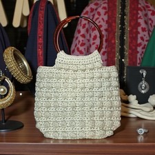 Vintage Macrame BoHo Crochet Handmade Beige Handbag Brown Pastic Loop Handles