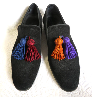 MEN'S JIMMY CHOO FOXLEY TASSEL TEXTURE SUEDE LOAFERS, SZ 42.5/9.5