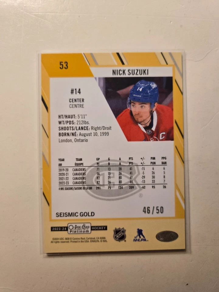 2023/24 O-Pee-Chee Platinum NICK SUZUKI Seismic Gold #46/50 - Montreal - Image 2 of 2