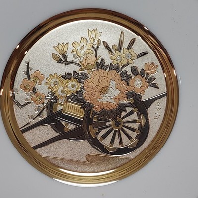 Chokin Art Collectible Plate Flower Cart New 24k Gold with Stand
