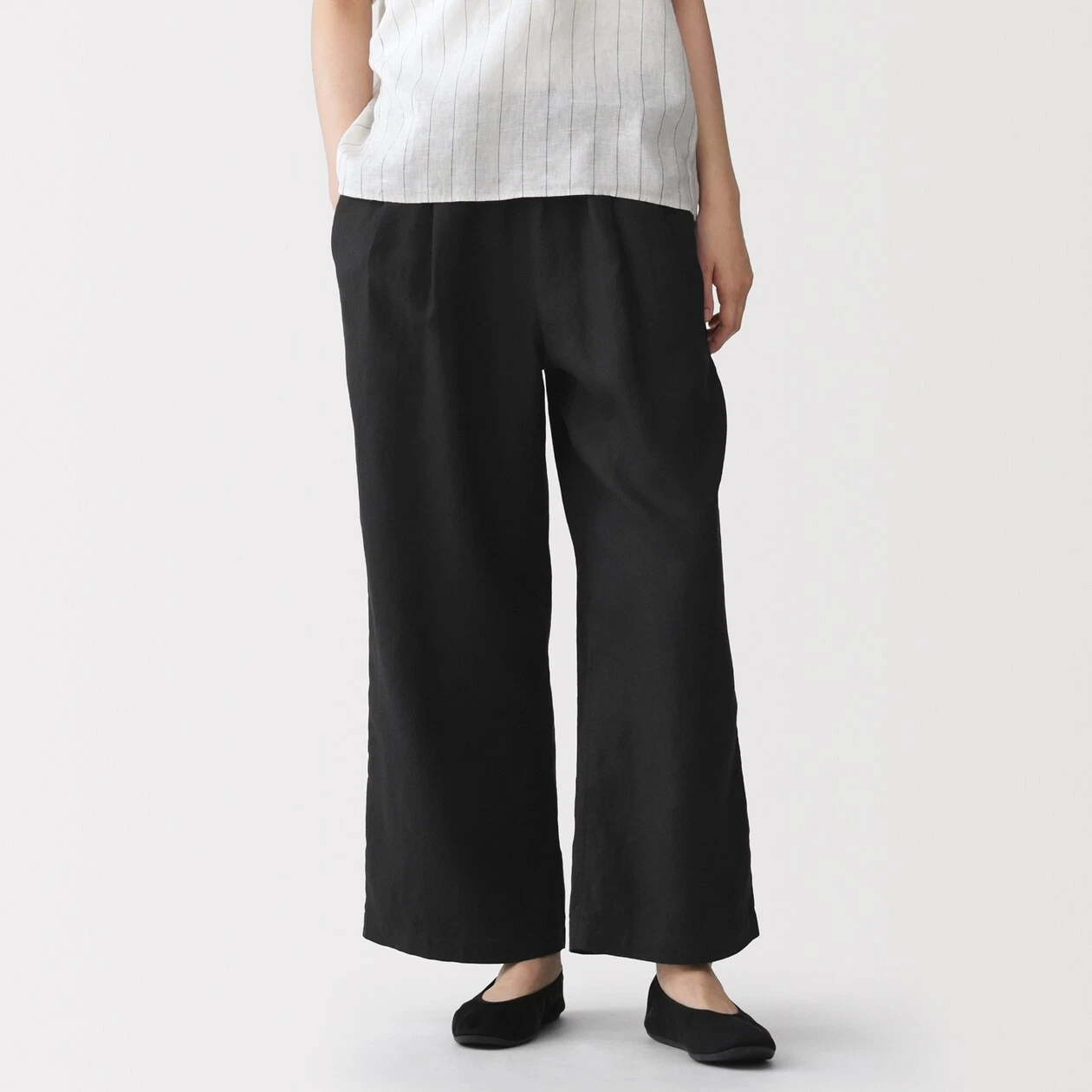 MUJI Womens 100% Linen Washed Easy Wide Pants Black FedEx