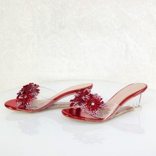 Eva Rhinestone Flower Red Slip On 2.5" Wedge Heel Casual Evening Party Shoes