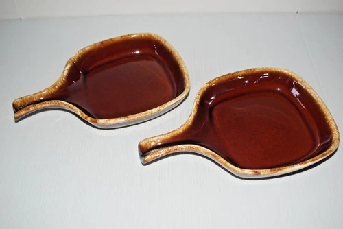 2 Vintage Hull Pottery Brown Drip Glaze 8" Square Serving Tray Handled Skillet