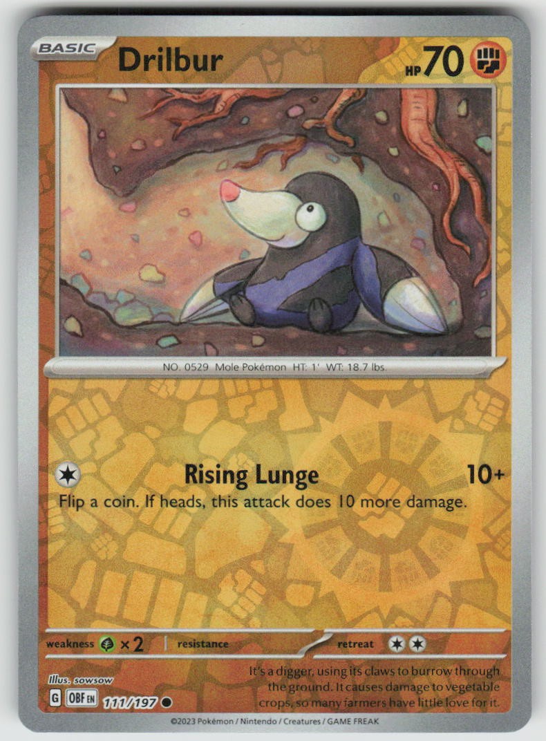Drilbur 111/197 Common Obsidian Flames Pokemon Reverse Holo Near Mint