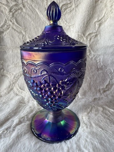 Imperial Carnival Glass! Vintage "Harvest Grape" Lidded Candy Dish! Cobalt Blue!