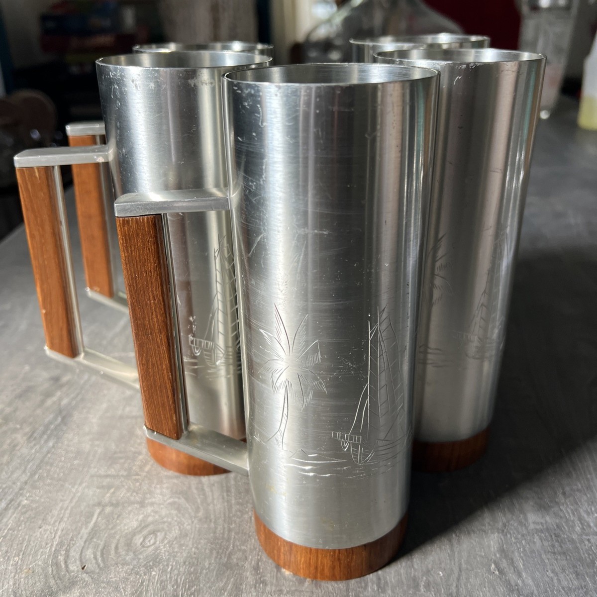  SELANGOR PEWTER 茶筒 5 Vintage Selangor Pewter Stein Mug Tankard Teak Base Handle