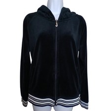 Juicy Couture Black Velour Zip Hoodie L Y2K McBling Rhinestone J Sporty Glam