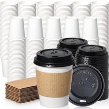 oz Disposable Paper Coffee Cups with Lids Sleeves Leak Proof Hot Drinks