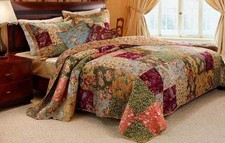 NEW XX L LARGE ANTIQUE GREEN RED BLUE BURGUNDY ROSE LEAF FLORAL BEDSPREAD SET