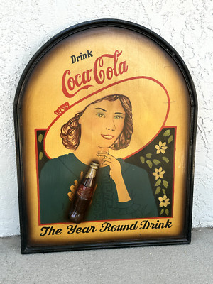 Vintage Drink Coca Cola Sign w/ 3D Bottle 30''x23.5'' The Year Round Drink