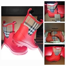 Burberry Kids' Mini Flinton Check Waterproof Rain Boot 12.5US / 30EU, Bright Red
