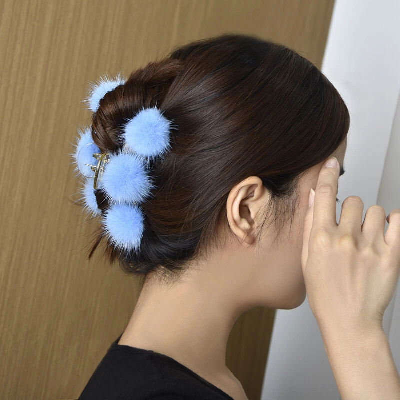 Pinza para el cabello de piel de visón real para mujer horquilla con bola de piel pompón Foto 2 de 4