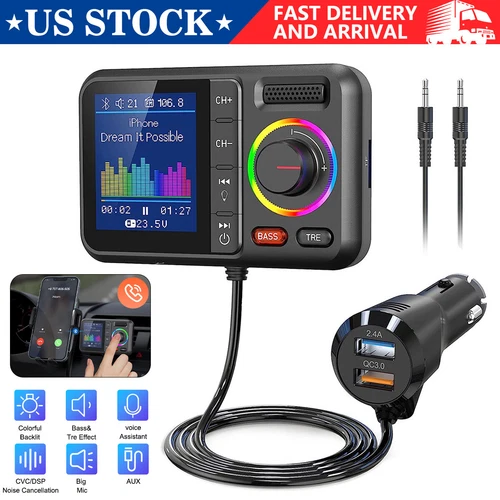 Bluetooth 5.0 Car Wireless FM Transmitter Adapter 2USB PD Charger AUX Hands-Free - Picture 2 of 12