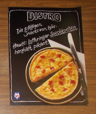 Seltene Werbung IGLO BISTRO LOTHRINGER SPECKKUCHEN - Pfiffiger Snack 1985