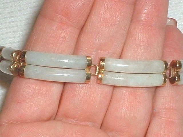 PULSERA TENIS JADEITTE VERDE CLARO CHINA 14K DOBLE FILA CIERRE DE SEGURIDAD FIRMADA Foto 4 de 4