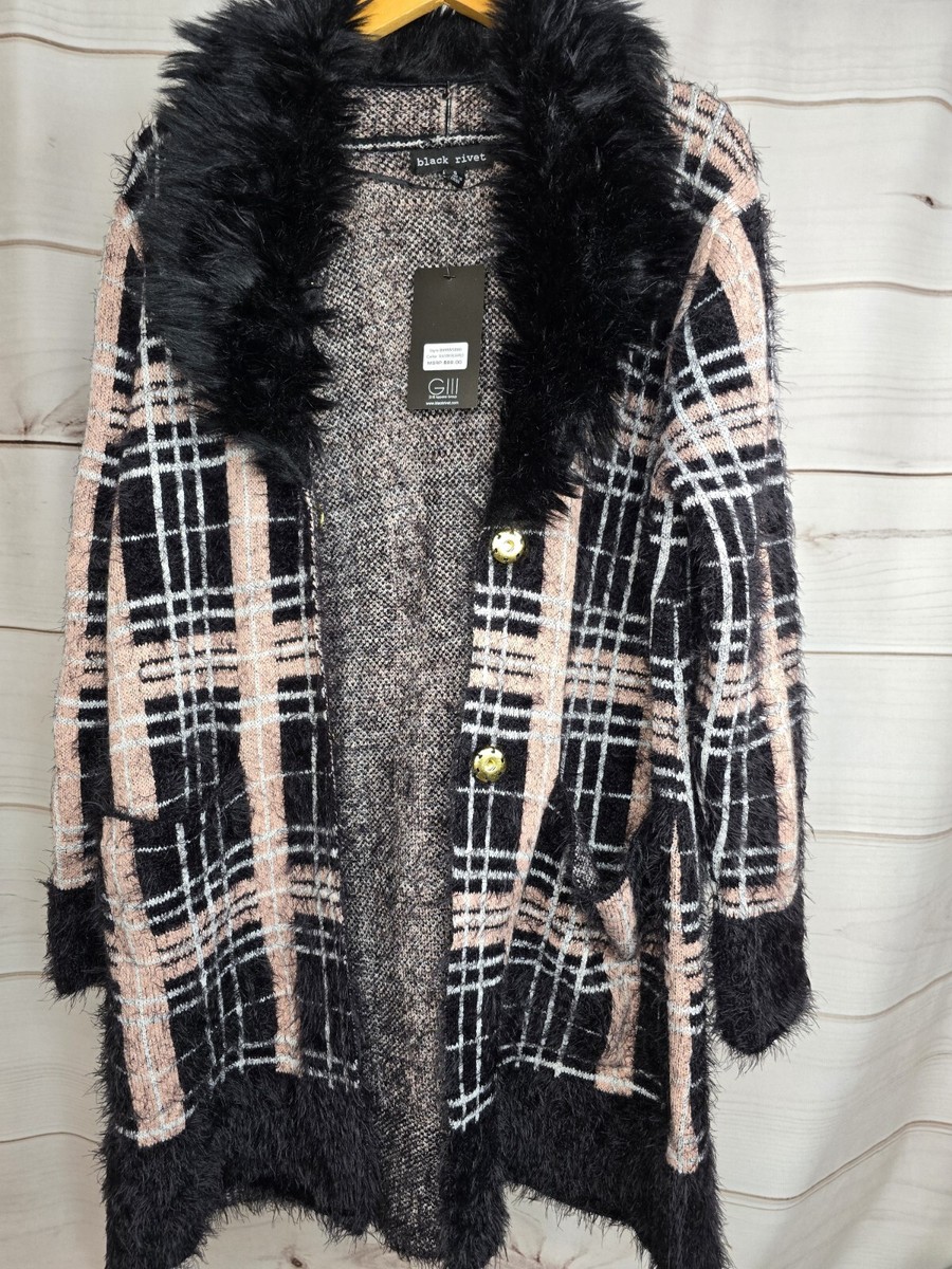 Black Rivet Longline Faux Fur Boho Cardigan Sweater Shacket