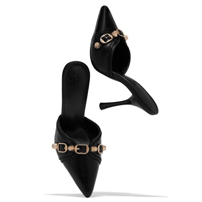 NEW Black Gold Studs Buckle Strap Pointy Toe Slip On Slides