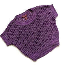 Girl's Purple Silver Open Knit Sweater Lg boho Top Short Sleeves Crochet Retro