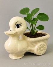 Duckling with Cart Planter White Ceramic Vintage Pottery Bird Hand Painted Glaze