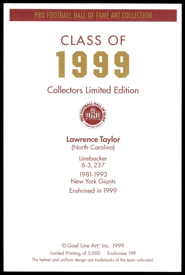 Lawrence Taylor 1999 Goal Line Arte Salón de la Fama #199 NY Giants Foto 2 de 2