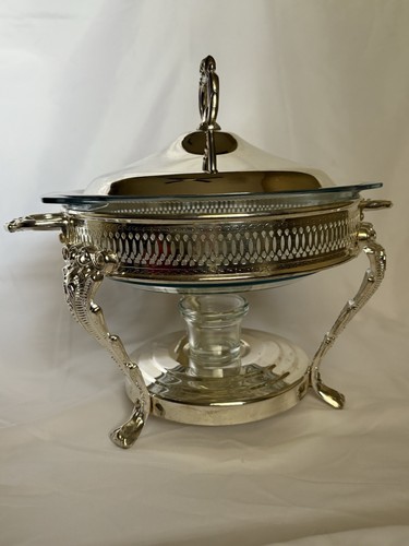 Vintage Silver-Plated Chafing Dish with Glass Insert and Lid 9”