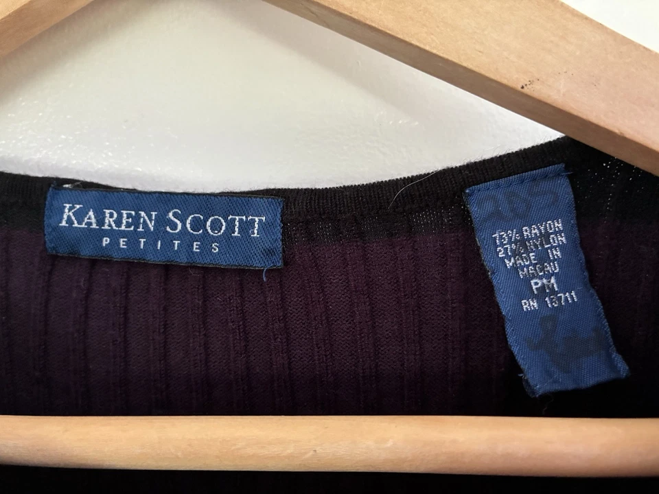 Karen Scott Petite Women Striped Rayon Blend Ribbed Short Sleeve Shirt Purple PM - Image 2 of 4