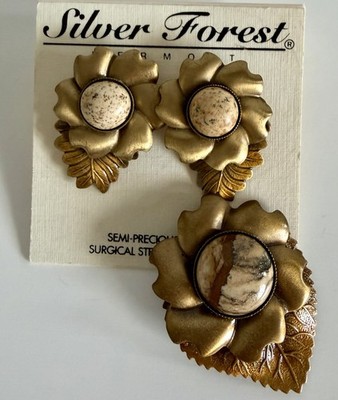Vintage Pin & Earrings Signed SILVER FOREST Bronze & Semi-precious Stone Floral
