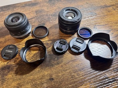 Canon RF 50 STM 50mm F/1.8 Lens + Canon RF-S 18-45mm f/4.5-6.3. + Hood + Filters