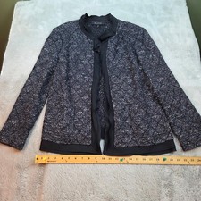 St. John Wool Blend Open Front Knit Jacket Women Sz 14 Metallic Tweed Black Blue