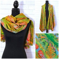 Long Silk Wool Green Paisley Scarf Wrap 27x80 Shawl Fringe Fall Holiday Elevated