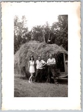 Vtg B&W Snapshot Group Farm Harvest Hay Load Summer Style 1960s