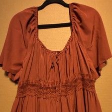 SheIn Brown Solid Square Neck Smocked Tie Crochet Maxi Dress Flutter S
