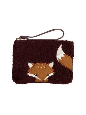 Old Navy Zippered Maroon Sherpa Polyester Wristlet With Cutest Fox Embroidery
