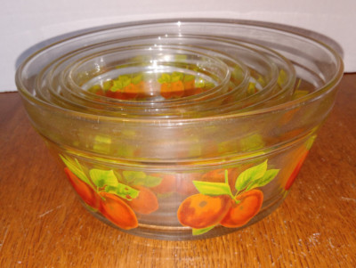 Set DURABLE IMPERIAL Clear Glass Nesting Bowls W/ Peaches Small Glass L k!!!