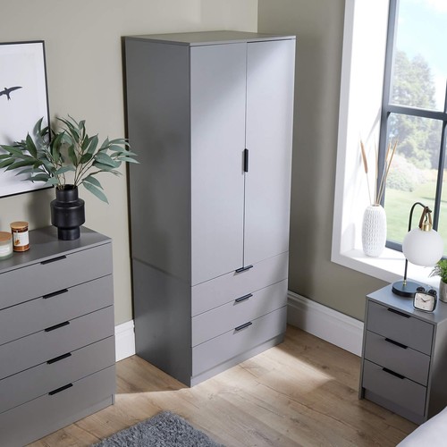 Wardrobe 2 Door 3 Drawers Grey Bedroom Home Furniture Clothing Storage Shelf - Picture 2 of 10