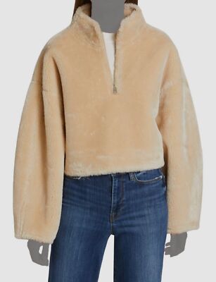 $500 Frame Women's Beige Faux-Fur Popover Quarter-Zip Jacket Coat Size L