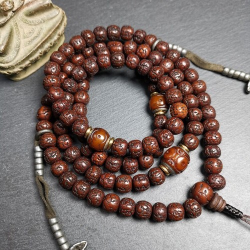 Gandhanra Alter Tibetischer Rosenkranz 9mm Rudraksha Perlen Mala Halskette Gebetsperlen - Bild 5 von 11