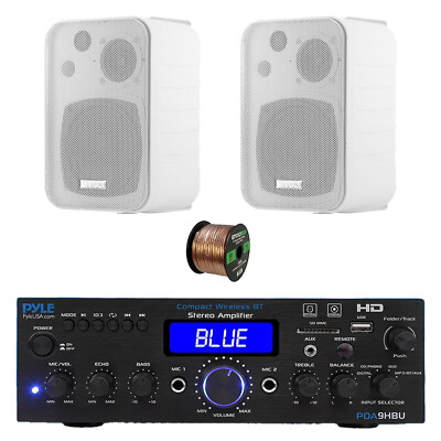 Pyle PDA9HBU 2-Channel Home Audio Bluetooth Receiver, 2x 4'' White Speaker, Wire