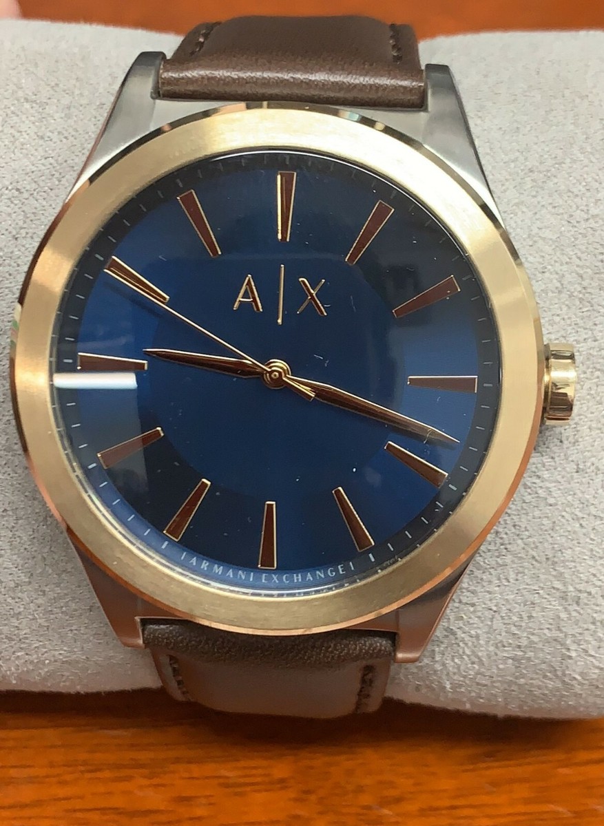 Armani Exchange Nico Brown Calfskin Band Gold Case Blue Dial Watch